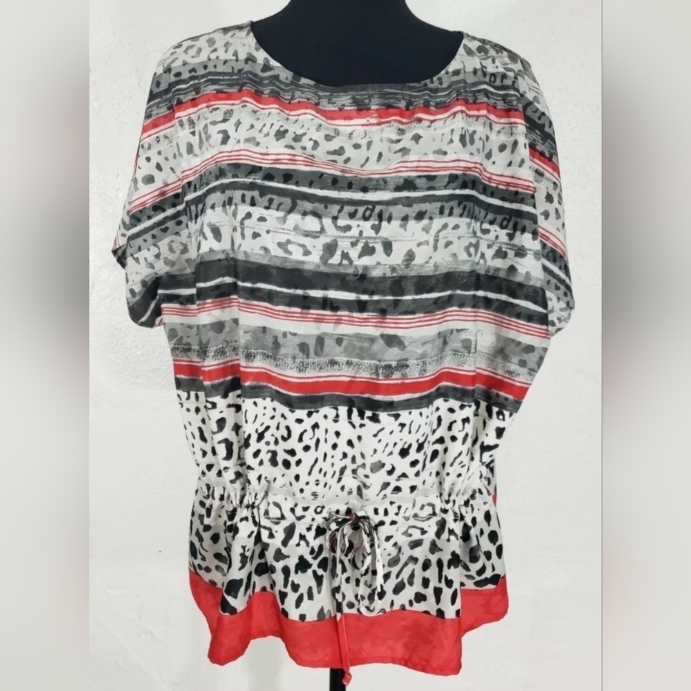 NWOT - Ruby Rd. Short Sleeve Animal Print Multicolor Drawstring Blouse Top M